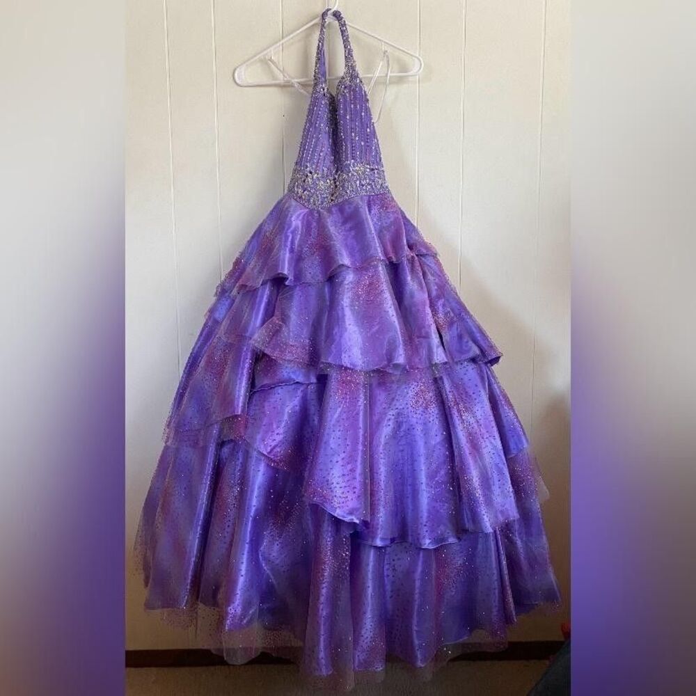 Girls' Sparkle Tiered Halter Formal Dress in Purple Size 8